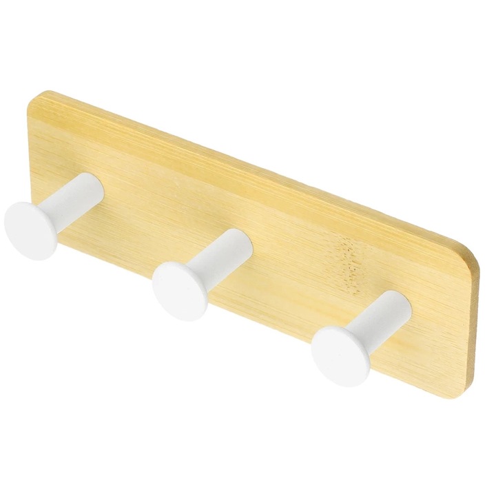 Umeras, Bambus, yg-dh16-alb, Universal, Suport pentru mei, Umeras cu trei carlige, Rezistent la umiditate, Instalare usoara fara gaurire, Design elegant, Bambus natural, Otel, Setul include: 1 umeras