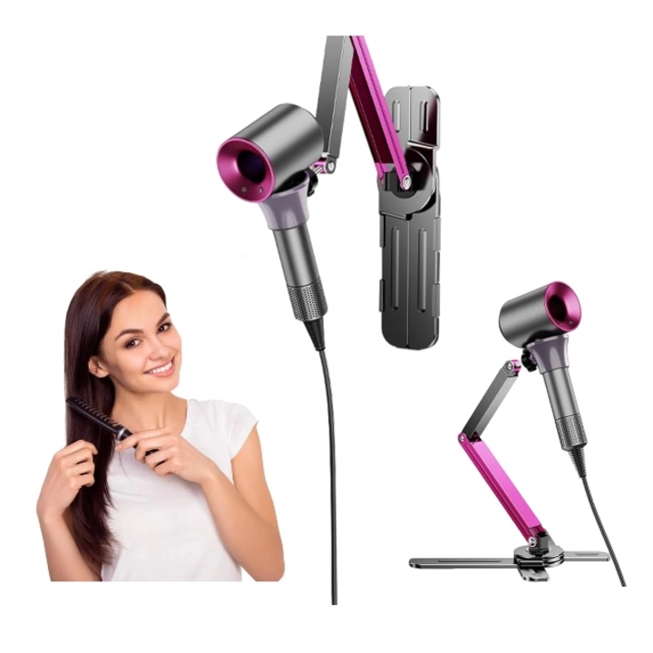 Suport Foen 2 in 1 Acropluter - Montare Perete sau Blat, Unghi Reglabil, Violet