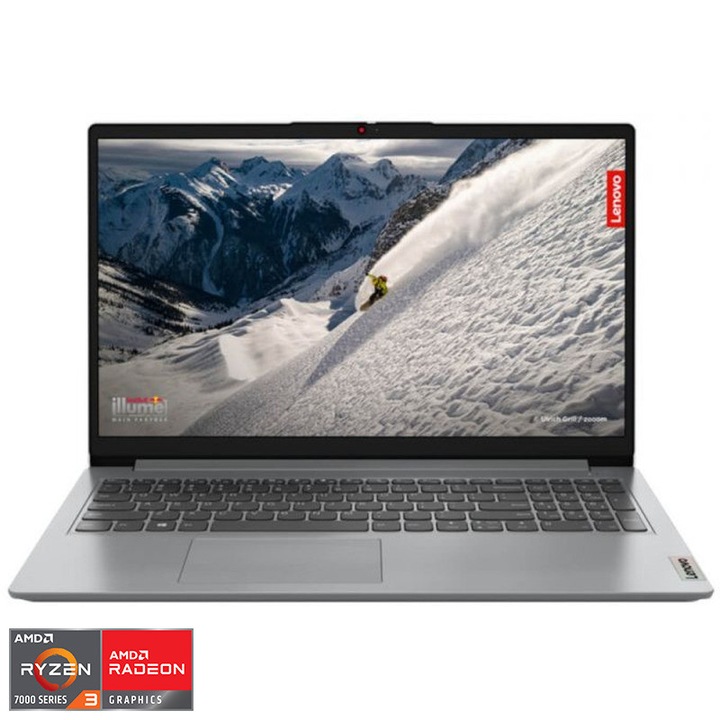 Laptop Lenovo IdeaPad 1 15AMN7 cu procesor AMD Ryzen™ 3 7320U pana la 4.1GHz, 15.6" Full HD, 8GB LPDDR5 RAM, 512GB SSD, AMD Radeon™ 610M Graphics, No OS, Cloud Grey