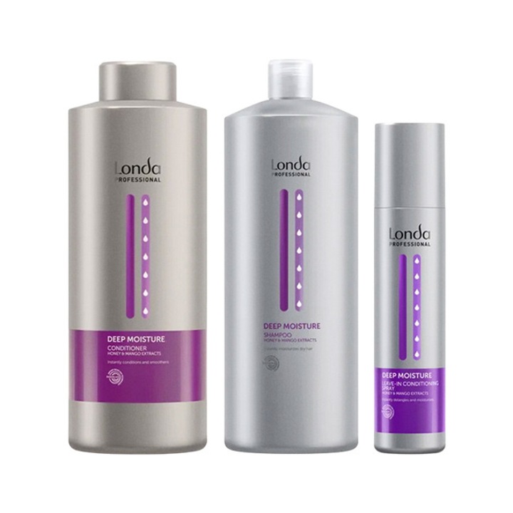 Pachet Londa Professional Deep Moisture - Sampon 1000 ml, Balsam 1000 ml, Spray leave-in 250 ml, hidratare intensa, netezire