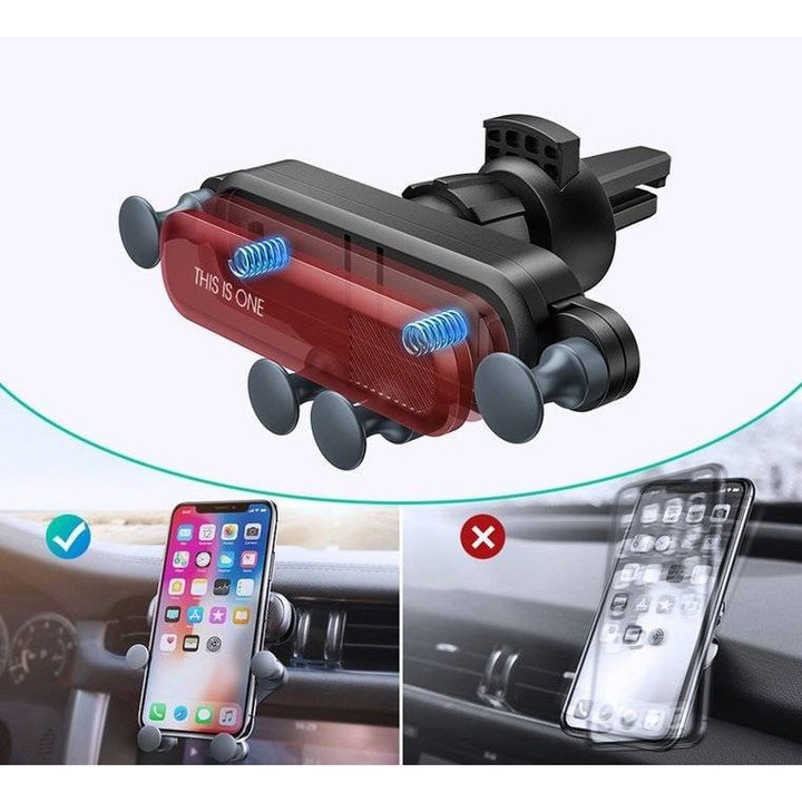 Suport telefon, psi, a033, universal, pentru masina, cu sistem gravitational, stabil, 3 culori, setul include: 1 x incarcare inteligenta, 1 x bluetooth, material: plastic, caracteristica 1: instalare usoara, caracteristica 2: compatibil cu majoritatea gur