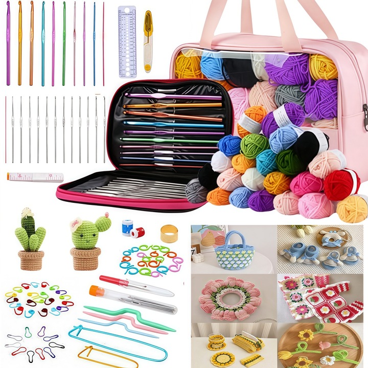 Set Crosetat 127 Piese, RorAem, cu geanta de depozitare si crosetat, cu multe culori, usor si rezistent, potrivit pentru incepatori si truse de crosetat avansate, un cadou perfect pentru bunica, sotie si familie, Multicolor
