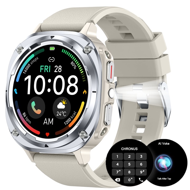 Ceas de fitness pentru exterior de 1 "39" cu protectie IPX8, iluminare exterioara, peste 100 de moduri sportive, monitorizare a ritmului cardiac, 48.7mm*48.7mm*14.2mm, Alb