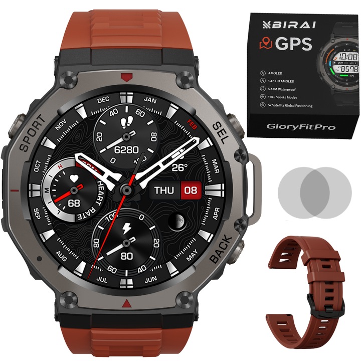 Мъжки смарт часовник BIRAI GloryFitPro, 1.43" AMOLED екран, Фитнес, Спортен, Водоустойчив 5ATM, Известия, Безжичен, Bluetooth разговори, HD микрофон, Румънски език, Съвместим с Android и IOS, Ултра прецизен GPS, Силиконова каишка, Червен