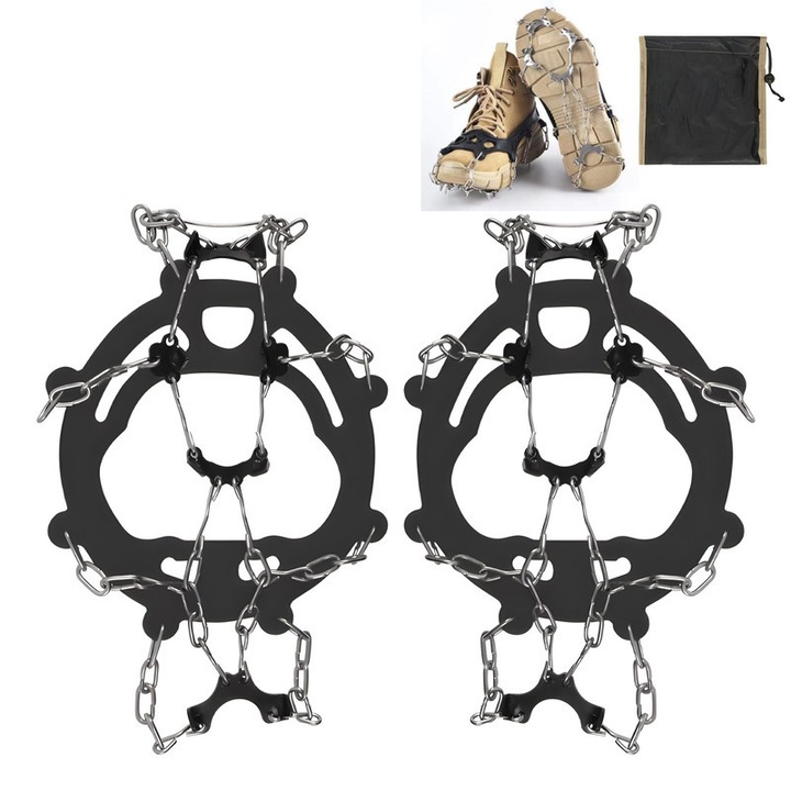 Set 2 crampoane incaltaminte sportiva, 8 cuie inox, negru, universal, cu husa de depozitare