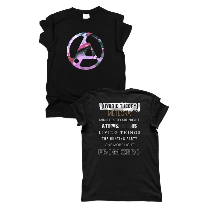 Мъжка тениска с щампа на гърба, Rebel Icon, Linkin Park, албуми, Hibrid Theory, Meteora, Minutes to Midnight, A Thousand Suns, Living Things, The Hunting Party, One More Light, From Zero, черна, M