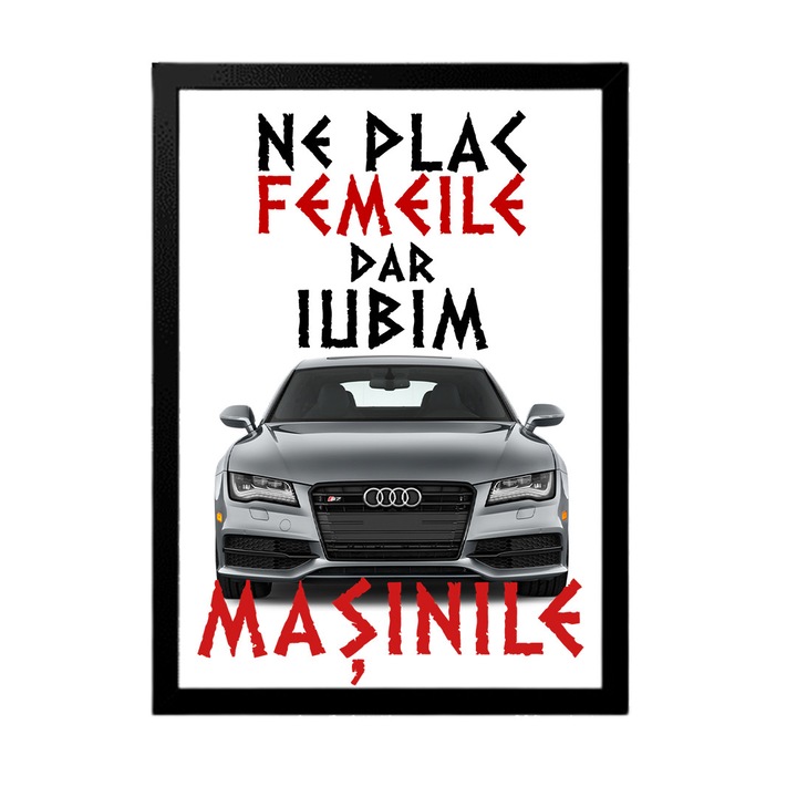 Tablou Personalizat pentru pasionati cu mesaj: Ne plac femeile dar iubim masinile, Model Audi, Betaprint, Negru, 30x20cm