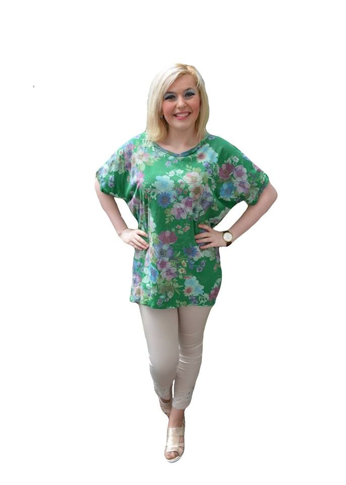 Bluza tip tunica, cu model de flori,D&J Exclusive, Verde inchis