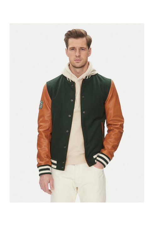 Geaca barbati, Serge Pariente Varsity Bomber, piele naturala, verde, maro, M INTL
