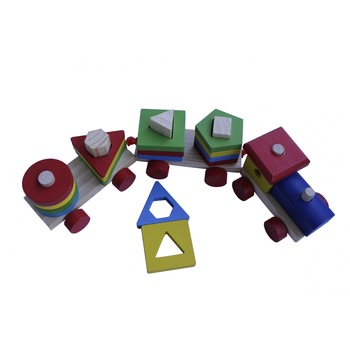 Trenulet din lemn cu coloane si forme geometrice pentru copii Trenulet din lemn cu coloane si forme geometrice pentru copii