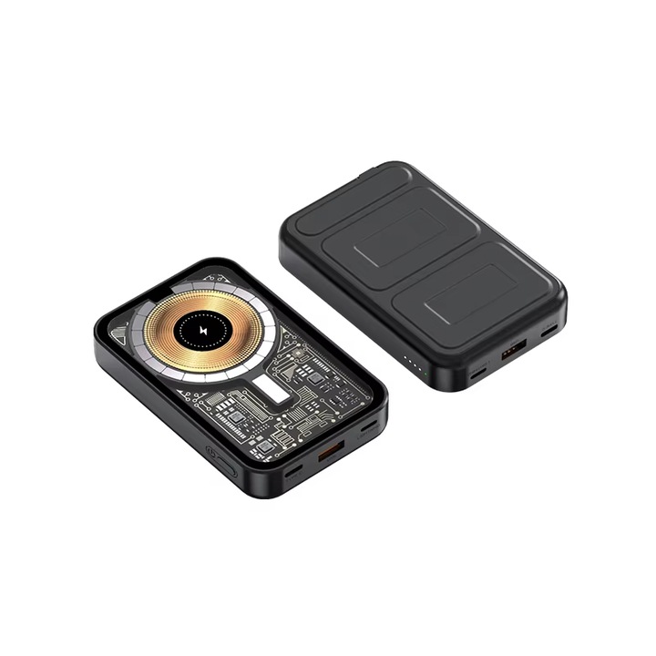 Mágneses összecsukható külső akkumulátor, 10000mAh, gyorstöltés 22.5W, fekete, 105.5x67.5x22mm