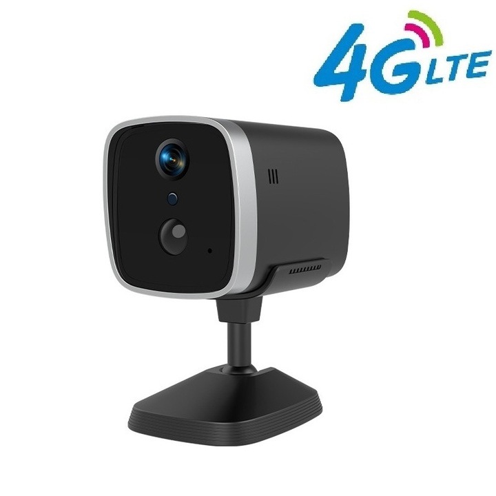 Mini camera de supraveghere functioneaza pe cartela SIM, Functioneaza cu baterie, Full HD, Maner, Night vision, Rezolutie 1920x1080, Senzor miscare, 4G LTE, Gri