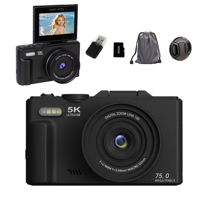 Kompakt digitális fényképezőgép, ORBER, 5K, 180°-ban megfordítható képernyő, 32 GB-os memóriakártyával, 18x zoom, 75MP, beépített vaku, WIFI átvitel, sorozatfelvétel/önkioldó, kompakt és könnyű, fényképezőgép diákoknak, fekete