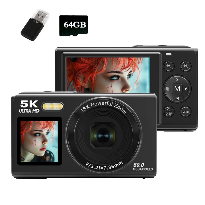 Aparat foto digital compact, ORBER, 5K, camere duale fata si spate, ecran dual, cu Card de memorie 64G, Zoom 18x, 80MP, CMOS, Flash incorporat, transmisie WIFI, compacta si usoara, camera pentru studenti, negru