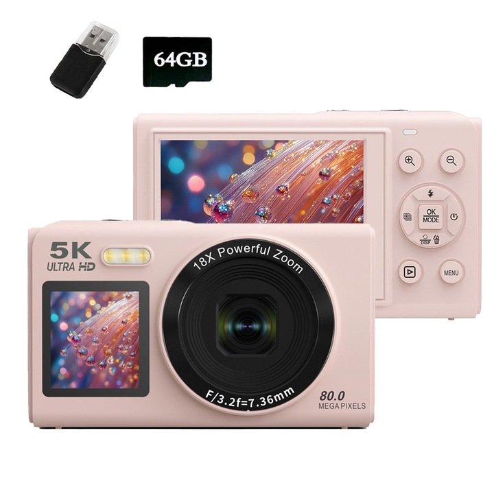 Kompakt digitális fényképezőgép, ORBER, 5K, dupla első és hátsó kamera, dupla képernyő, 64 GB-os memóriakártyával, 18x zoom, 80MP, CMOS, beépített vaku, WIFI átvitel, kompakt és könnyű, kamera diákoknak, rózsaszín