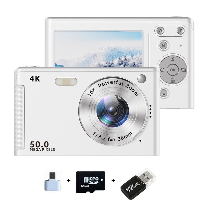 Kompakt digitális fényképezőgép, ORBER, 4K, 64 GB-os memóriakártyával, 16x zoom, 50MP, OTG fotóátvitel, beépített vaku, WIFI átvitel, kompakt és könnyű, CCD kamera diákoknak, fehér
