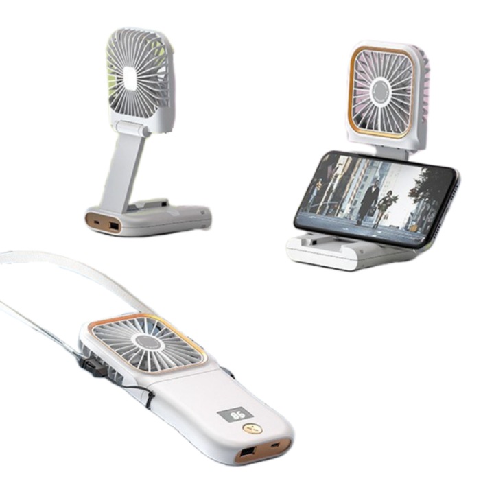 Преносим Сгъваем Мини Вентилатор F3, Бял, 3000mAh, 3 Скорости, Външна Батерия, Държач за Телефон, Тих, 167x80x19 мм