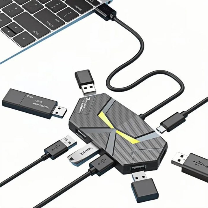 Хъб USB-C със 7 USB 3.0 порта, 5 Gbps трансфер на данни и функция за зареждане, 30 см кабел, Черен