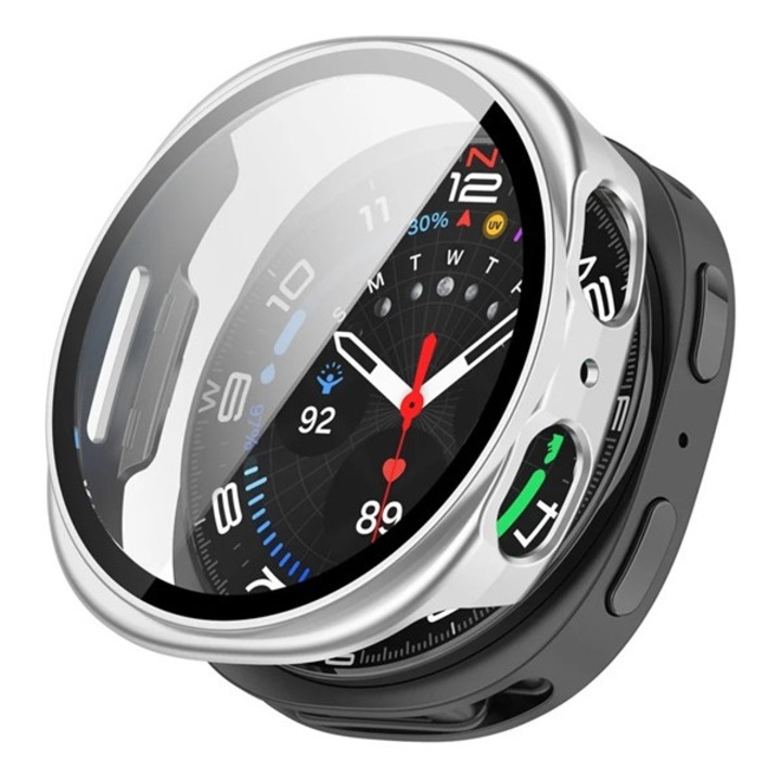 Gigapack műanyag keret, bumper, ütésállóság + kijelzővédő üveg, ezüst, kompatibilis: Samsung Galaxy Watch 8 eSIM 44mm, SM-L335, / Galaxy Watch 8 44mm, SM-L330
