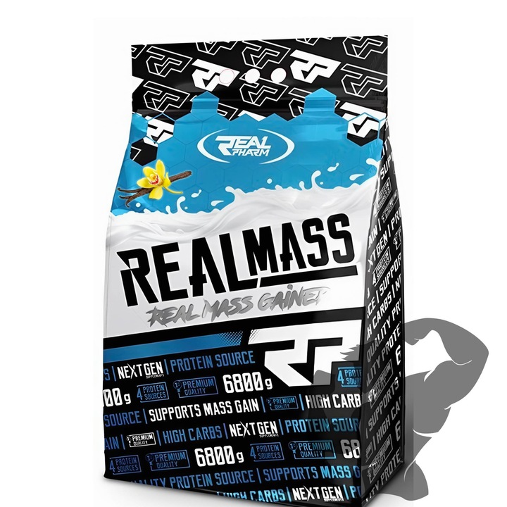Gainer Masa Musculara REAL MASS, Real Pharm, cu 3 fractiuni proteice si carbohidrati, 6800g Vanilie