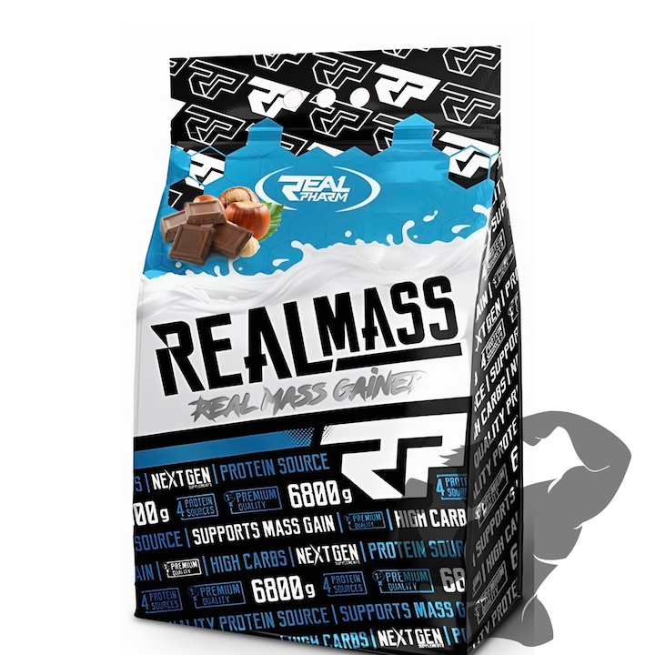 Gainer Masa Musculara REAL MASS, Real Pharm, cu 3 fractiuni proteice si carbohidrati, 6800g Ciocolata Aluna