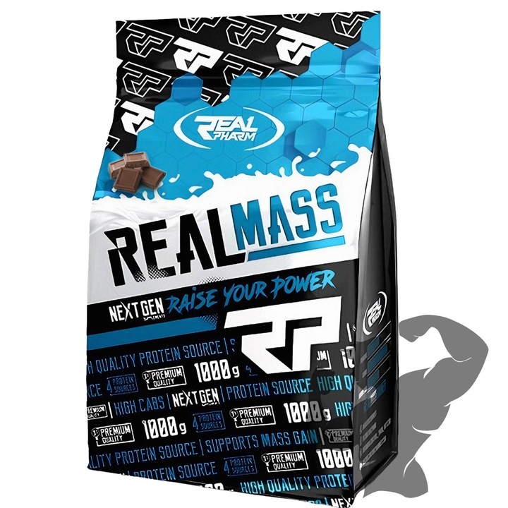 Gainer Proteine pentru Masa Musculara REAL MASS, Real Pharm, 3 fractiuni proteice si carbohidrati, 1000g, Ciocolata