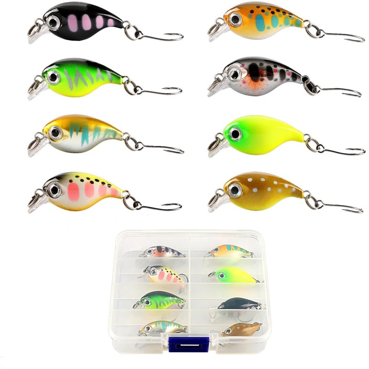 Set 8 voblere floating 3.6cm 2.1gr, crankbait cu carlig, pentru stiuca somn salau