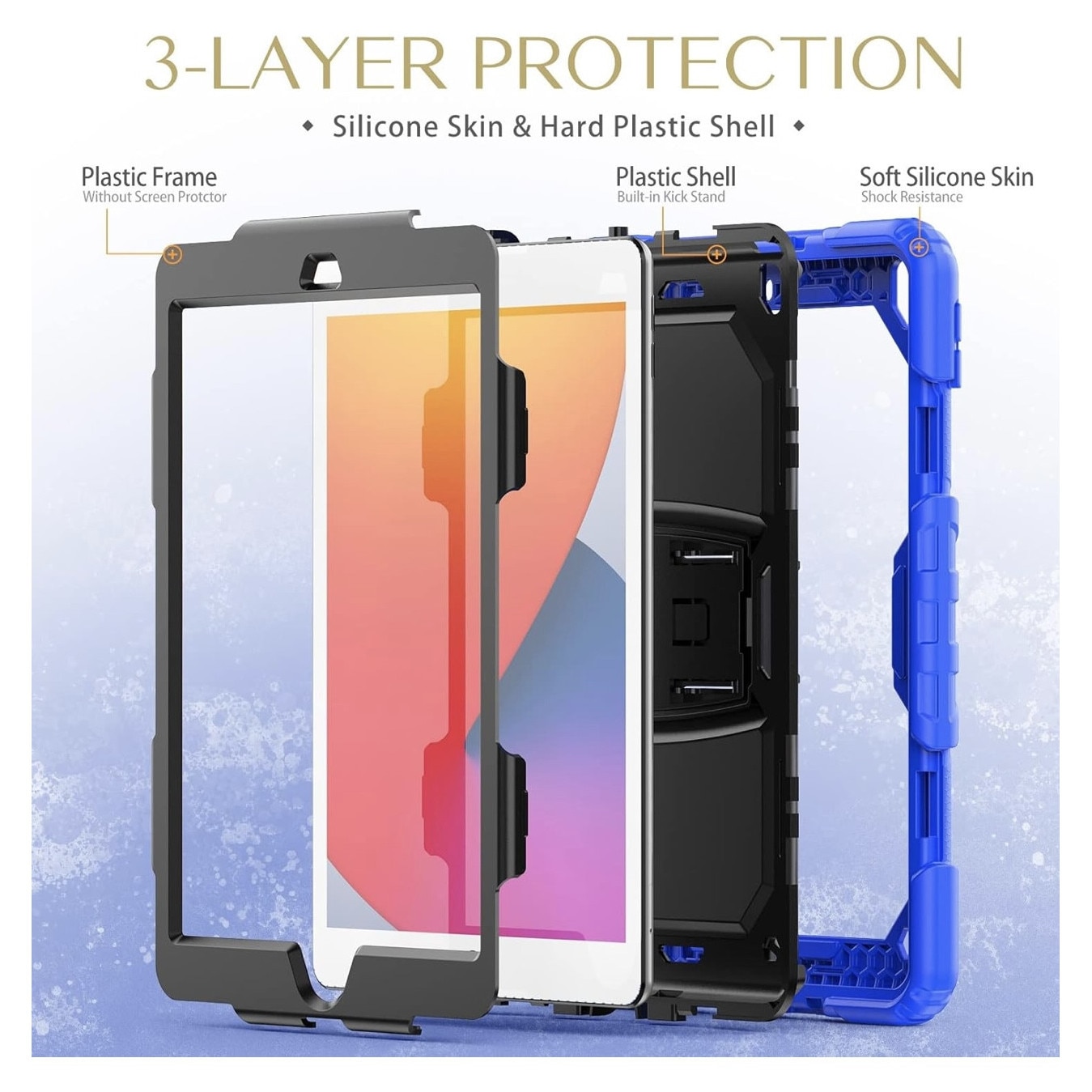 Husa protectie pentru iPad 10.2", 3 straturi, albastru/negru, cu suport integrat, curea umar