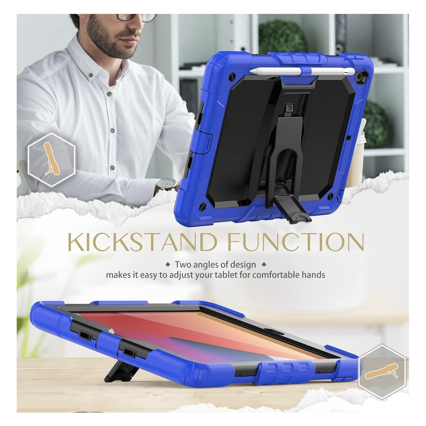 Husa protectie pentru iPad 10.2", 3 straturi, albastru/negru, cu suport integrat, curea umar