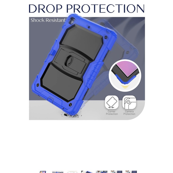 Husa protectie pentru iPad 10.2", 3 straturi, albastru/negru, cu suport integrat, curea umar