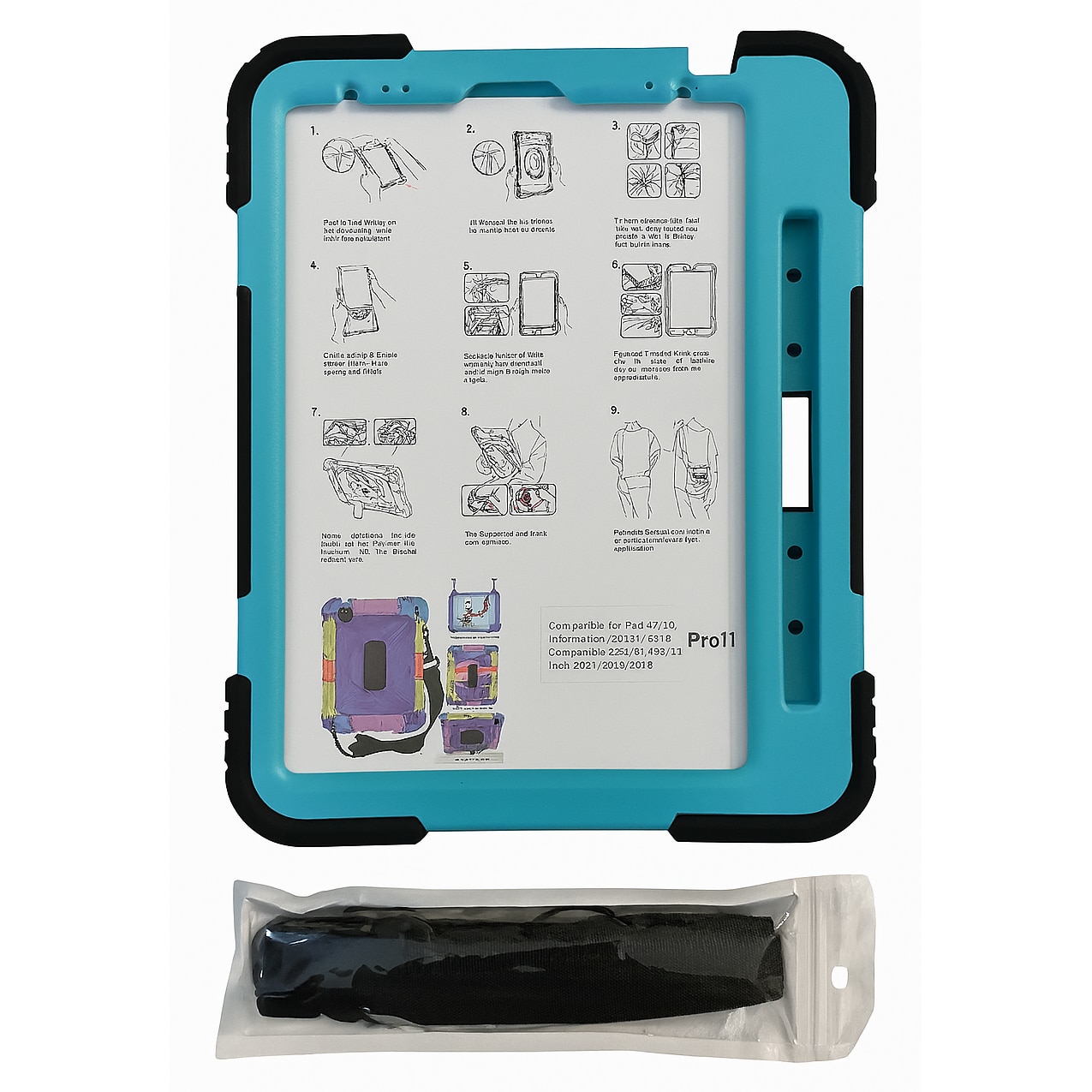 Husa protectie shockproof cu stand si curea pentru iPad Air 10.9 (2020/2022) si iPad Pro 11 (2018/2020/2021) – Turcoaz/Negru