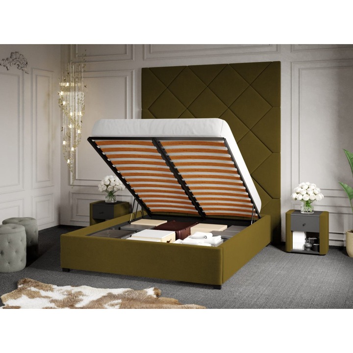 Pat Tapitat cu Panou 191x228, C1, Dubai cu Somiera Rabatabila, 180x200, Verde/Velluto 35