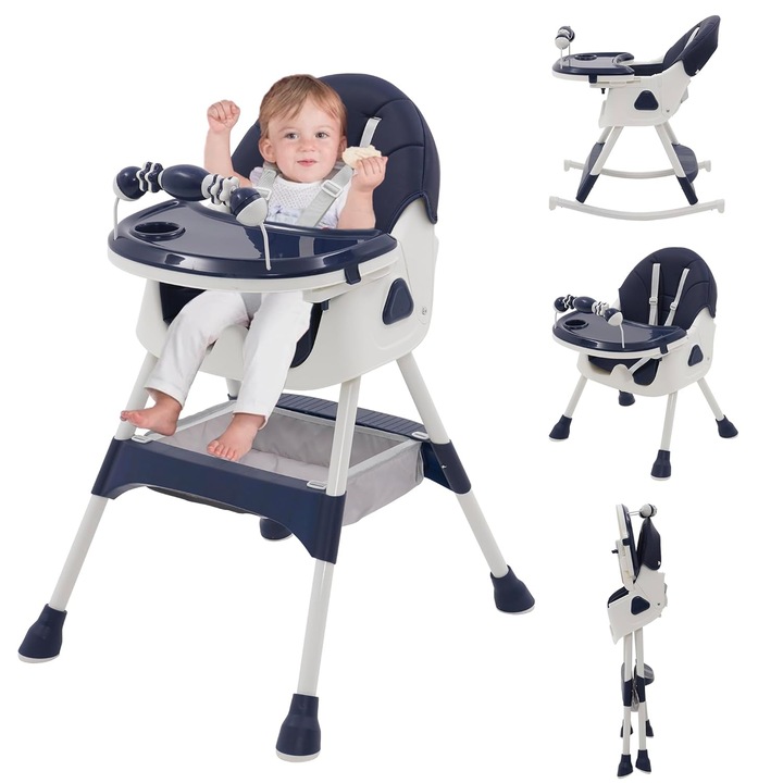 Scaun de masa pentru copii Invincio Care, varsta 6-72 luni, reglabil, pliabil, multifunctional si stabil, roti, centura de siguranta 5 Puncte, ajustabil pe inaltime, rezistent la murdarie, cos de depozitare, picioare antiderapante, design modern, Albastru