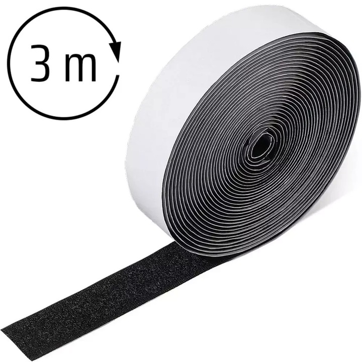 Banda Velcro, WCK-02, 3 metri, autoadeziva, cu o singura fata, pentru fixarea cablurilor, aderenta puternica, functionalitate pe suprafete netede, Culoare: Negru, Material: Nylon, Dimensiuni: 7 x 3 x 7 cm