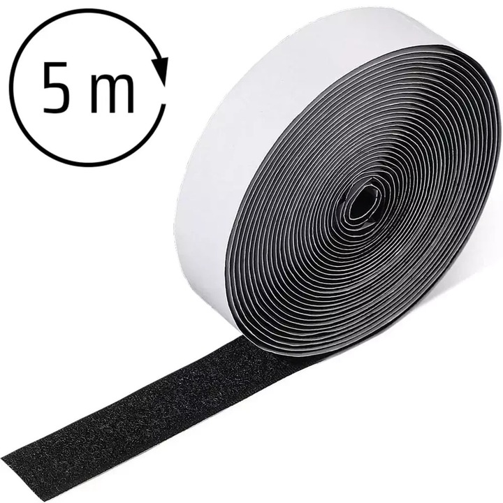 Banda velcro, autoadeziv, 5 metri, organizare cabluri, utilizare pe suprafete netede, aderenta excelenta, 9 x 3 x 9 cm