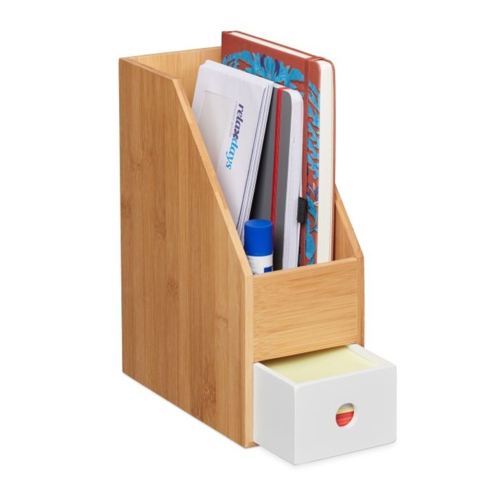 Organizator dosare din bambus cu sertar, Relaxdays, aprox. 30 x 12 x 23 cm, natural/alb