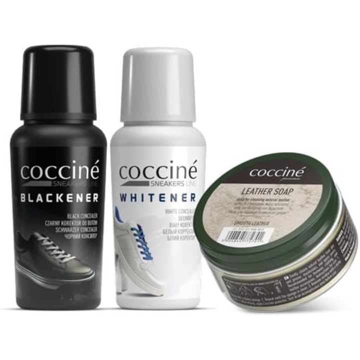 Set pentru curatarea si ingrijirea incaltamintei, Coccine, Sapun Leather Soap 50 ml, Corector Alb Whitener 75 ml si Corector Negru Blackener 75 ml, Pentru pantofi din piele, Solutia ta rapida pentru pantofi curati si ingrijiti