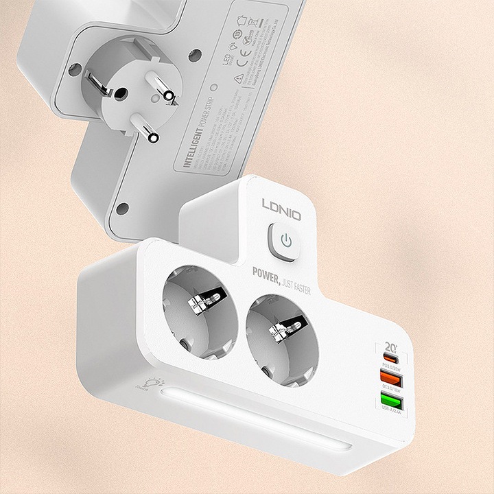 Многофункционален удължителен кабел LDNIO с 2 Schuko контакта + 3 порта за зареждане (USB-C PD + 2x USB-A QC 3.0) – Мощност, безопасност и комфорт във всяко пространство