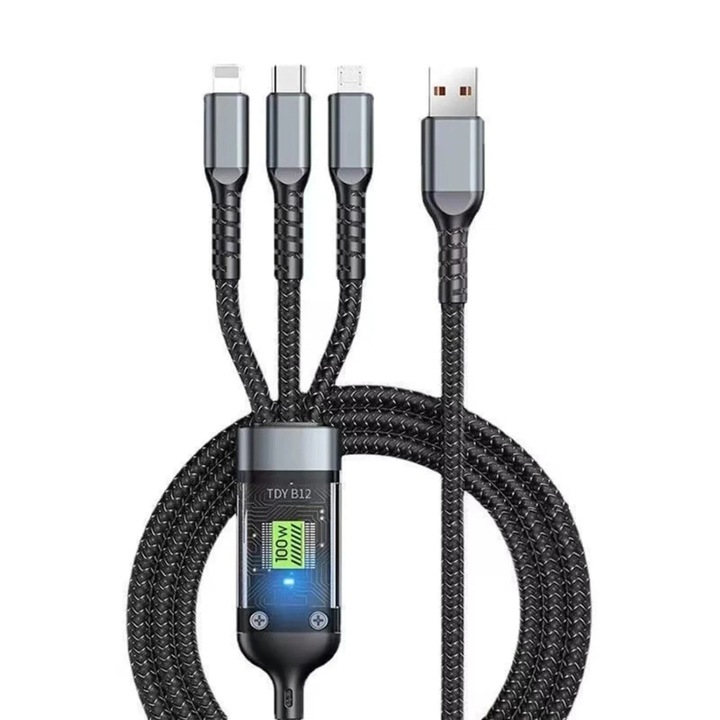 Cablu USB, b12-3 in 1, 1 m, 3 mufe (Lightning, Micro-USB, Type-C), universal, calitate superioara, nailon, alb