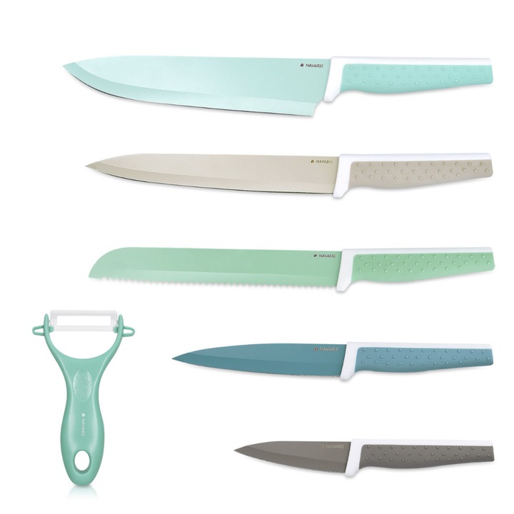 Set 6 Cutite Navaris, cutite de taiere si curatitor ceramic, inox, design pastelat, 43114