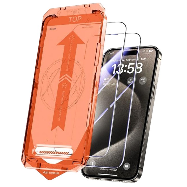 Set de 2 folii de sticla compatibile cu iPhone 16 / iPhone 15, 6.1", Kosiil®, duritate 9H, HD Clear, rezistente la zgarieturi, cu dispozitiv de montare automata