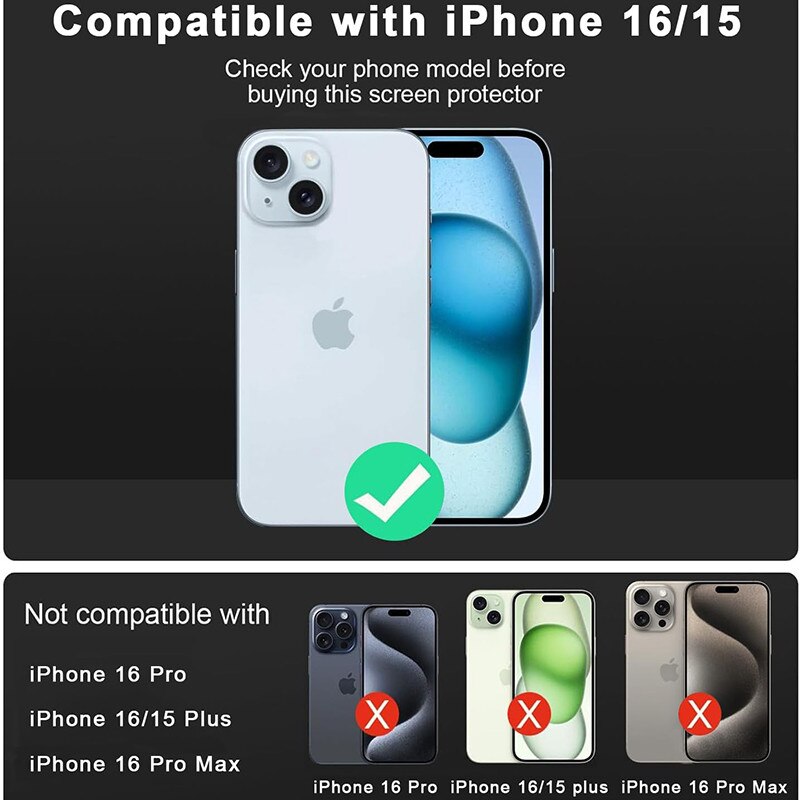 Set de 2 folii de sticla compatibile cu iPhone 16 / iPhone 15, 6.1", Kosiil®, duritate 9H, HD Clear, rezistente la zgarieturi, cu dispozitiv de montare automata
