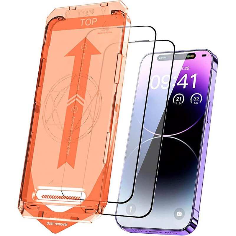 Set de 2 folii de sticla compatibile cu iPhone 16 / iPhone 15, 6.1", Kosiil®, duritate 9H, HD Clear, rezistente la zgarieturi, cu dispozitiv de montare automata