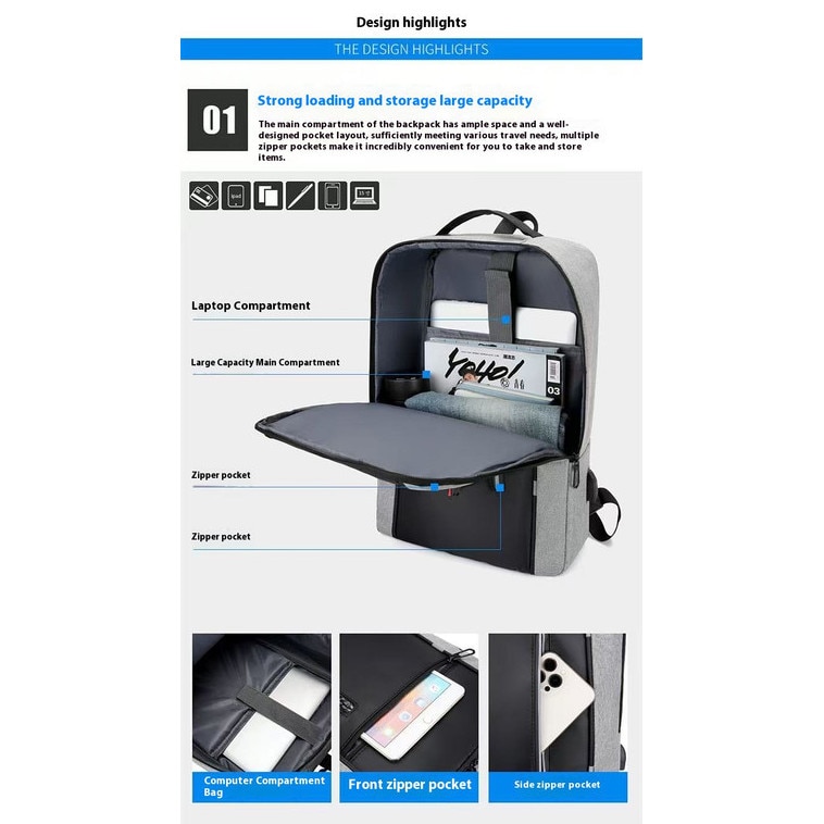 Rucsac laptop, Redapric, multifunctional, USB, 32x16x46cm, gri/negru