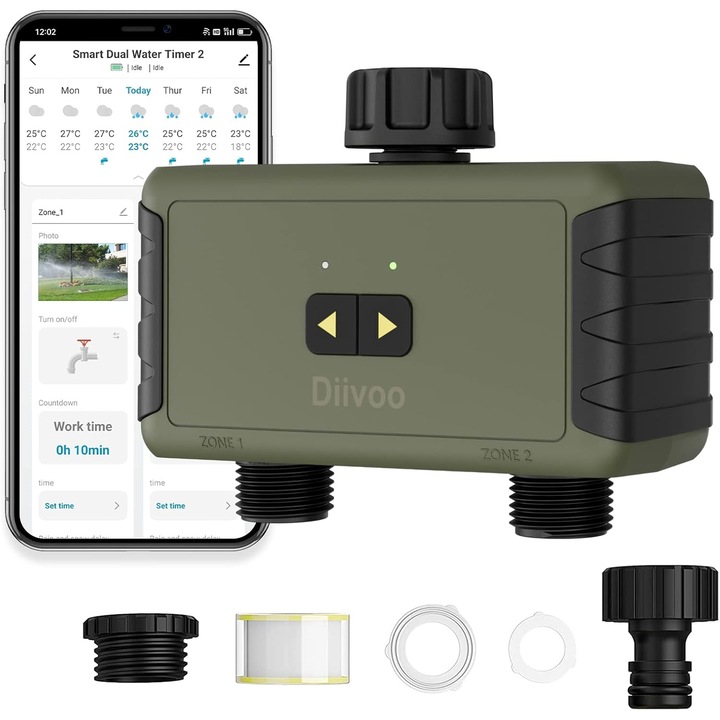 Programator de irigații Diivoo Bluetooth, 2 ieșiri, temporizator cu Alexa, 20 de planuri de irigare