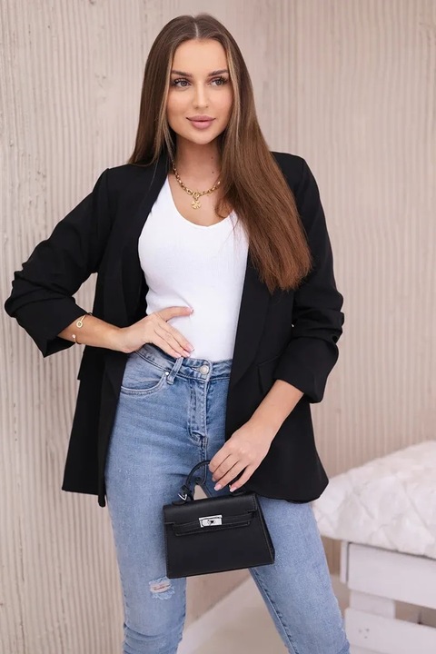 Elegáns fekete kabát, redőzött ujjakkal, Fekete, One Size