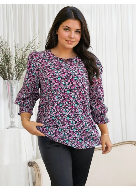 Camasa marime mare cu imprimeu floral in nuante de roz si mov, Roz