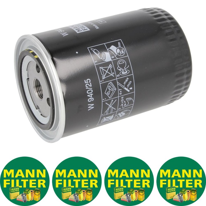 Filtru ulei Auto Mann Filter W 940/25 pentru VOLVO 240, 740, 940, ARO 10, AUDI 100 C2, 100 C3, 80 B2, 80 B3, 80 B4, 90 B3, A4 B5, A4 B6, A4 B7, A6 C4, CABRIOLET B3, ROVER 2000-3500, SEAT CORDOBA 1.3D-2.5D 08.76, 4 stickere Mann Filru