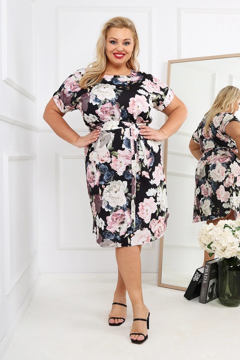 Rochie marime mare cu imprimeu floral si cordon in talie, Negru