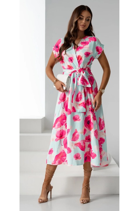 Rochie lunga verde cu imprimeu floral roz si cordon in talie, Verde